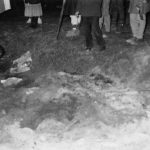 Search through the fire site in front of the Regional SNB Directorate building in Kanice, the district of Brno-venkov, on 8 December 1989.