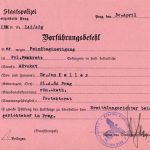 Rozkaz k předvedení Jana V. Kellera před vyšetřujícího soudce Lidového soudního dvora, Praha, 30. duben 1943. (ABS, f. Německé soudy v Říši, sign. 141-341-16)